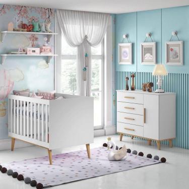 Imagem de Quarto de Bebê com Cômoda 4 Gavetas 1 Porta e Berço Ludmila Carolina Baby Branco/Bétula