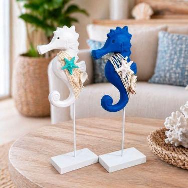 Imagem de Kit 2 Enfeites Cavalo Marinho de Madeira 30cm Náutico Branco e Azul