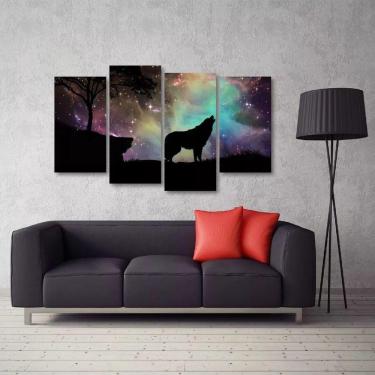Imagem de Quadro Decorativo Lobo Uivando Mosaico Em Tecido 4 Peçase
