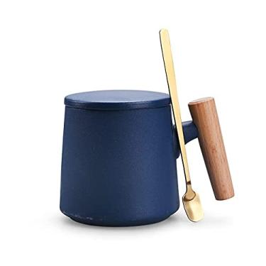 Imagem de Canecas de café de cerâmica, canecas, copos de chá de escritório e casa, grande capacidade de 400 ml com tampa e colher de café, aniversário presentes de casa quente para casa nova, vem com caixa de presente (azul)