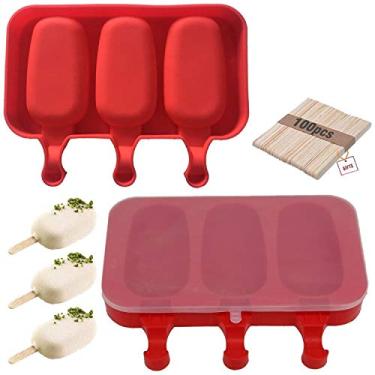 Imagem de Moldes de silicone de picolé caseiro com moldes de picolé de tampa livre de BPA, moldes de gelo com 3 cavidades, bolos/sorvete/máquina de fazer picolé fácil de liberar, com 100 palitos de picolé (conjunto de 2 vermelhos)