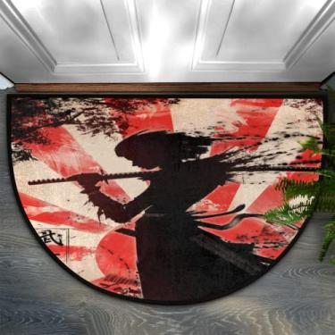 Imagem de Tapete de porta meio redondo, sol vermelho samurai japonês durável antiderrapante meio círculo tapete lavável meia lua tapetes de lareira decoração resistente semicírculo tapetes para interior quarto sala de estar cozinha