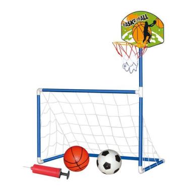 Imagem de Mini Trave Futebol Infantil + Cesta De Basquete 2 Bolas Rede - Dm Toys