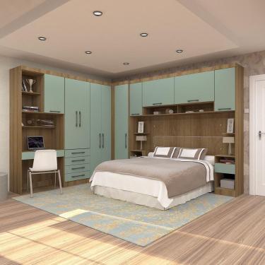 Imagem de Quarto De Canto Casal Com Guarda Roupas Cabeceira E Bancada Home Office Paris Luciane Móveis Avelã Pf Com Verde Pf