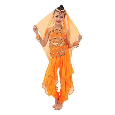 Imagem de Roupas de dança do ventre para crianças, 6 peças, dança indiana, blusa de lantejoulas, calça de lantejoulas, roupa feita à mão para meninas, Laranja, 7-10 Anos