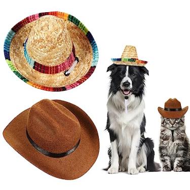 Imagem de POPETPOP 2 peças chapéu de cowboy para cães de estimação gato chapéu de palha para cachorro chapéu de sol de verão com corda ajustável para animais de estimação Havaí tropical mexicana festa