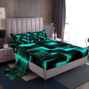 Imagem de Jogo de cama azul-petróleo e preto, búfalo brilhante 3D, arte abstrata moderna, lençol king geométrico, xadrez, lençol de cima, cubos futuristas gradientes