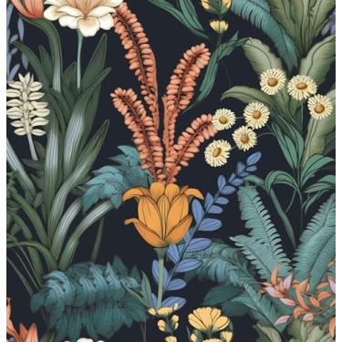 Imagem de Papel de parede floral descascar e colar, papel de contato boho laranja/verde, papel de parede escuro vintage flor botânica autoadesivo removível à prova d'água para decoração de mesa de gaveta de