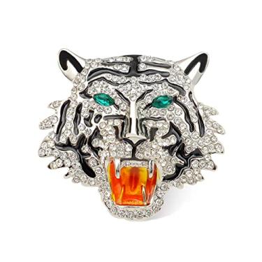 Imagem de Broche de cabeça de tigre de strass. Broche de lapela de animal de ouro prata para homens, broche de casaco de leão punk para homens terno jóias de pino de tigre, Metal, Strass