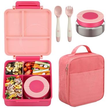 Imagem de Conjunto infantil de lancheira bentô box e pote térmico de sopa com 236 ml, recipiente à prova de vazamento, com 4 compartimentos, pote térmico para comida quente, para escola – rosa