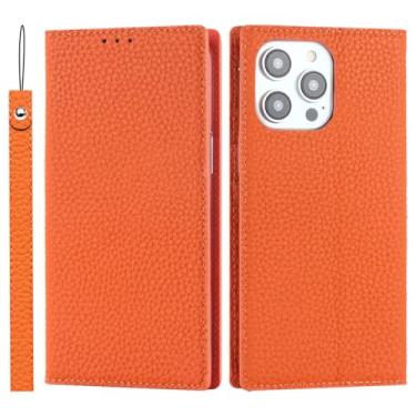 Imagem de Capa carteira de couro genuíno para iPhone 15 Pro Max 11 12 13 14 XR XS Capa magnética de cartão de couro real de luxo, laranja, para iPhone 15Pro Max