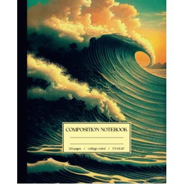 Imagem de Caderno de composição pautado pela faculdade: linda ilustração de ondas do oceano | Diário de estética náutica para escola, universidade, escritório