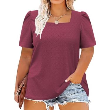 Imagem de ROSRISS Camisetas femininas plus size de verão manga curta bufante camisetas de gola quadrada lindas túnicas com ilhós, 09_vinho vermelho, 4G