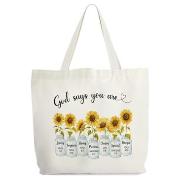 Imagem de Sacola de lona cristã inspiradora para mulheres, God Says You Are Unique Bible Tote, bolsa de presente religiosa com versículo bíblico, bolsa de livro de biblioteca de girassol, bolsa de ombro para
