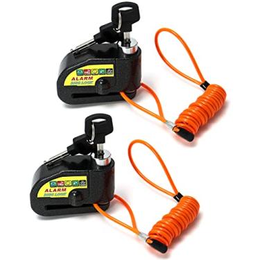 Imagem de QWORK Alarme de bloqueio de disco, pacote com 2 alarmes de 110db, cadeado antifurto para motocicleta, trava de disco de segurança antifurto com cabo de lembrete de 1,5 m e pino de bloqueio de 7 mm, para motocicletas e motos, scooter
