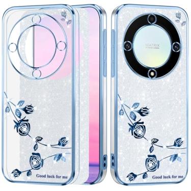 Imagem de Yarxiawin Funda para Honor Magic 5 Lite Capa transparente com glitter brilhante, capa de telefone Aesthetic Honor Magic 5 Lite capa de silicone flor macia antiarranhões à prova de choque roxa fina