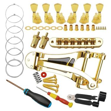 Imagem de Unxuey Tremolo Vibrato Bridge Tailpiece 6 Cordas Guitarra Roller Saddle Tune-O-Matic Bridge para LP Guitarra, 6 Pçs Sintonizadores de Bloqueio de Guitarra (3L+3R Mãos) com 6 Cordas, Enrolador de Corda e Chave de Fenda