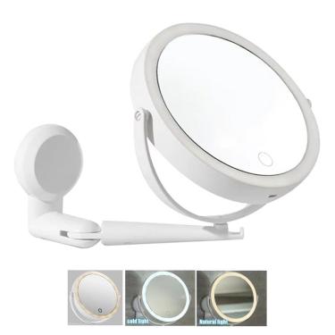 Imagem de Espelho Giratorio LED 360 Graus 3 Tons 5x Aumento Touch USB Bateria Recarregavel Parede Ajustavel Gancho Banheiro Maquiagem Penteado Moderno