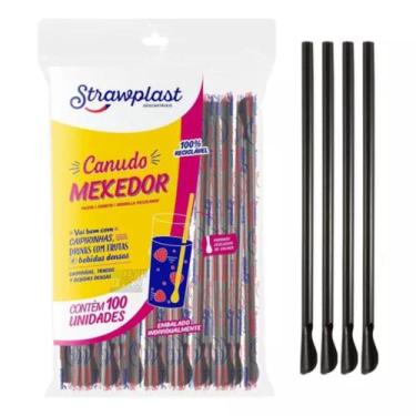 Imagem de Canudo Mexedor colher para Bebidas Drinks 100 unid preto 6mm - Strawpl