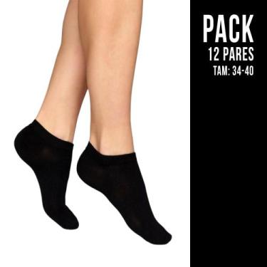 Imagem de Kit 12 Pares Meia Algodão Soquete Cano Baixo Feminina Branca Preta 34-
