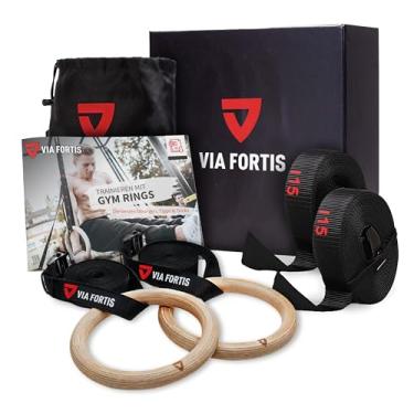 Imagem de VIA FORTIS Anéis de ginástica de madeira premium com tiras, bolsa e guia de treino - Anéis de ginástica para calistenia e crossfit em design de competição - Alças extra largas com marcações