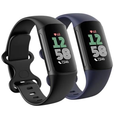 Imagem de Pacote com 2 pulseiras de substituição compatíveis com Fitbit Charge 5/Fitbit Charge 6 para mulheres e homens, macias, respiráveis esportivas ajustáveis (grande de 17 a 23 cm, preto/azul marinho)