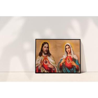 Imagem de Quadro com Moldura Religioso Sagrado e Imaculado Coração Jesus e Maria