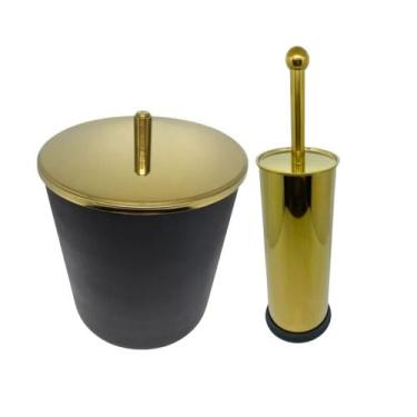 Imagem de Kit Banheiro Lixeira Dourada e Preta 5L e Escova Sanitária France Fine