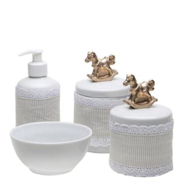 Imagem de Potes, Molhadeira e Porta Álcool-Gel Com Capa Cavalinho Dourado Quarto