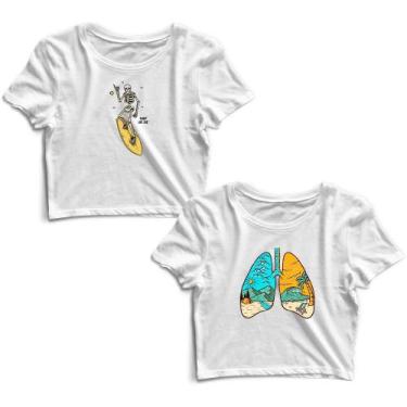 Imagem de Kit 2 Blusas Cropped Tshirt Feminina Esqueleto Surf e Pulmão Paisagem 