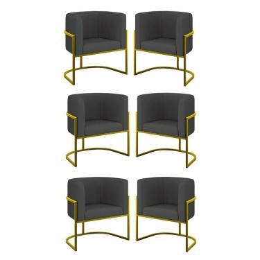 Imagem de Kit 06 Poltronas Lua Sala Decorativa Base Ferro Gold Corino Cinza