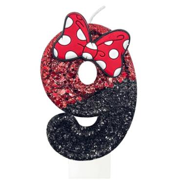 Imagem de JonesLi Vela de aniversário de 9 anos para bolo, vermelha com velas de laço, decorações de aniversário vermelhas, serve para decorações de aniversário da Minnie Mouse, decorações de festa da Minnie