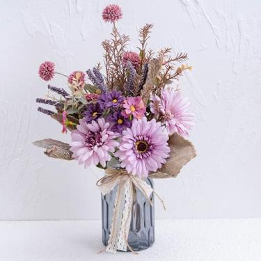 Imagem de LUEUR Flores artificiais em vaso, buquê de girassol de seda de hortênsia falsa com vaso para decoração de primavera, decoração de arranjo de flores roxas falsas, decoração de mesa de café, sala de