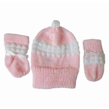 Imagem de Kit de bebê recém nascido tricô 3 peças de lã touca, luvinha e sapatin