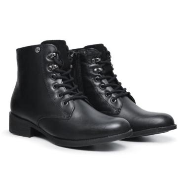 Imagem de Coturno Feminino Zíper Lateral Amarração 100% Couro Na Cor Preta Ref:0