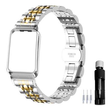 Imagem de Gheper Pulseira de relógio de metal compatível com Samsung Galaxy Fit3 SM-R390 SM-R390 acessório de aço inoxidável com moldura protetora design de pulseira de substituição para mulheres e homens