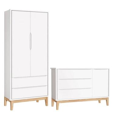 Imagem de Cômoda com Porta e Guarda Roupa Infantil 2 Portas New Classic Branco com Pés Madeira Natural – Reller