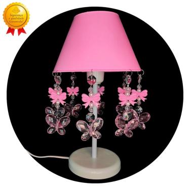 Imagem de Luminária Infantil Borboletas Abajur para Mesa de Cabeceira Decoração Quarto de Menina Rosa Bebê 17x30cm