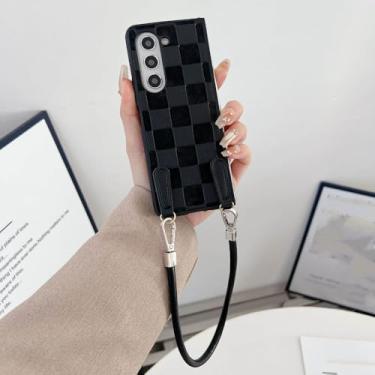 Imagem de Capa de couro PU com alça de pulso xadrez para Samsung Galaxy Z Fold 6 Fold 5 4 Fold 3 5G capa de proteção, preta, para Samsung Galaxy Z Fold6