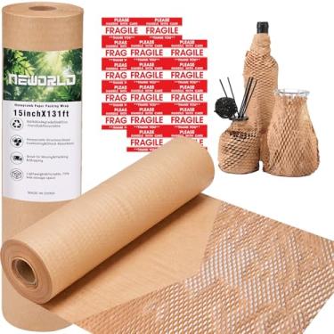 Imagem de Neworld Papel De Embalagem Honeycomb, 15" X 131', Envoltório Plástico Bolha Ecológico Para Embrulho Mudança, Produtos E Presentes, Material Acolchoado Reciclável Com 20 Etiquetas Adesivas Frágeis