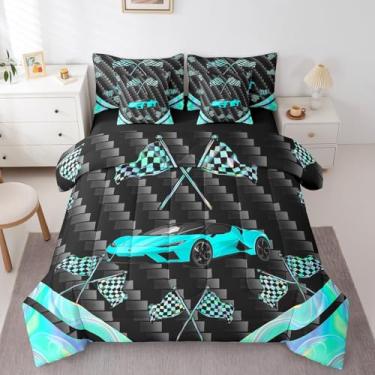 Imagem de Feelyou Jogo de cama casal com 7 peças, carro de corrida, azul-petróleo, esportes radicais, para crianças, adolescentes, adultos, velozes e furiosos, conjunto de cama com bandeira deslumbrante