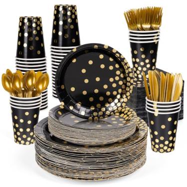 Imagem de DECORLIFE Conjunto De Louças Descartáveis Preto E Dourado Com 336 Peças, Serve 48 Pessoas, Pratos Papel Pretos, Guardanapos, Copos, Garfos, Colheres Facas Plástico Para Festa Formatura Ano Novo