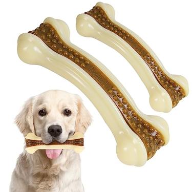 Imagem de Geeyteek Brinquedos para cães para mastigadores agressivos, pacote com 2 ossos duráveis de nylon com sabor real de carne para animais de estimação grandes/médios/pequenos