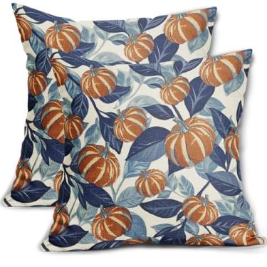 Imagem de Sivirary Capas de almofada de outono 45,7 x 45,7 cm Conjunto de 2 fronhas decorativas com estampa de folhas de outono laranja queimado azul para uso ao ar livre rústico casa de fazenda sazonal fronhas