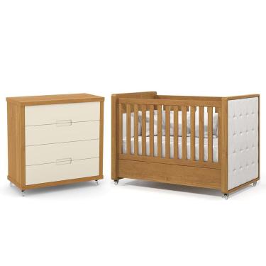 Imagem de Jogo de Quarto Infantil Tutto New Cômoda 4 Gavetas e Berço com Capitonê - Matic Móveis Freijó/Off White
