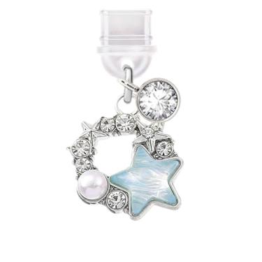 Imagem de ELISE & FONDA Porta de carregamento tipo C TP616, plugue antipoeira, guirlanda de cristal com estrelas, pingente de celular para iPhone 15/16/Samsung/OnePlus/Xiaomi/oppo telefones Android (azul)