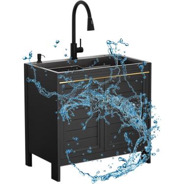Imagem de Armário De Cozinha Com Pia Pia Comercial De Catering Independente Com Torneira Removível Aço Inoxidável Lavatório De Mão única Pia De Lavanderia Com Armário Para Desca, 68x45x80cm