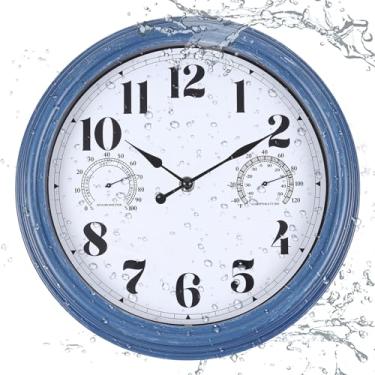Imagem de Vigorwise Relógio de parede externo de 30,5 cm, relógio de plástico impermeável ao ar livre com temperatura e umidade, relógios de parede resistentes à água para pátio e jardim, azul