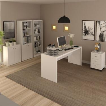 Imagem de Conjunto Home Office 5 Peças Com 1 Mesa 1 Balcão 1 Armário 1 Estante 1 Gaveteiro Espresso Móveis Branco