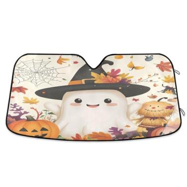 Imagem de Fantasma fofo com chapéu de bruxa, capa de para-brisa de carro para bloqueadores solares, raios UV, janela frontal, para-sol grande